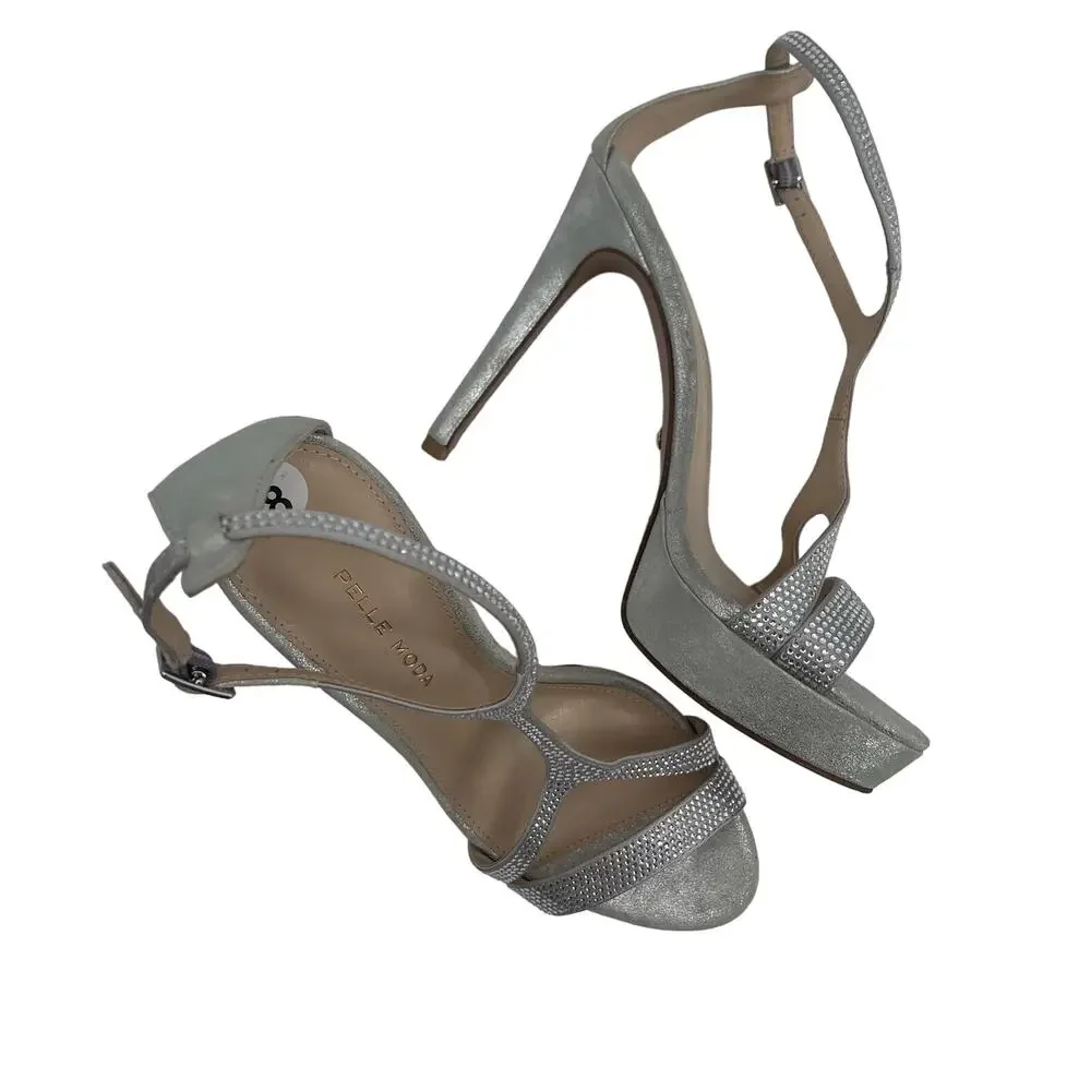 PELLE MODA Heels Size 8 Onora Platform Silver Rhinestone Crystals Strappy Ankle